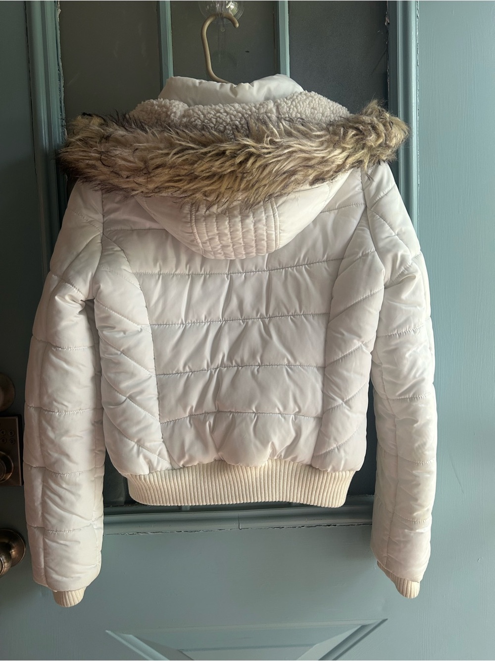 Vintage Y2K American Eagle Fur Hood Bomber Puffer Jacket Full Zip Coat White M - Picture 2 of 12